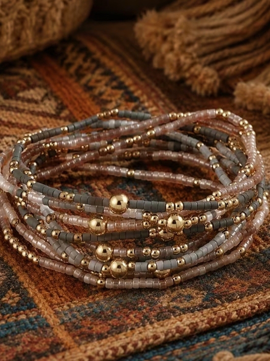 Jewelry - Gold & Gray Beaded Multi-Strand Women's Bracelet